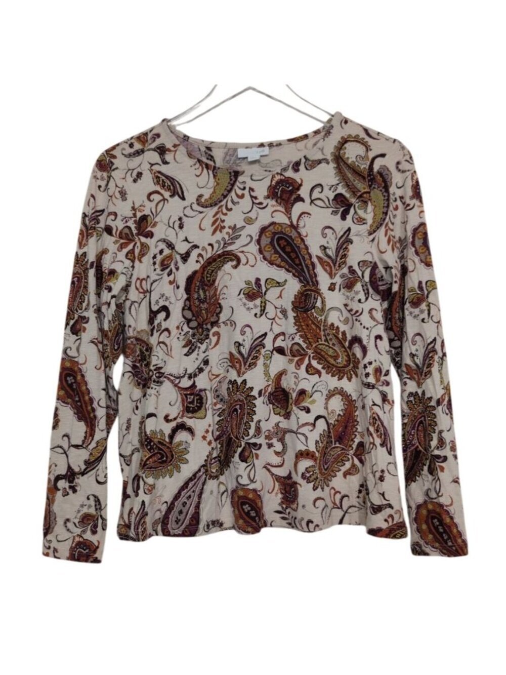 J Jill Paisley Shirt Womens Petite Size Medium Beige Lightweight Back Slit